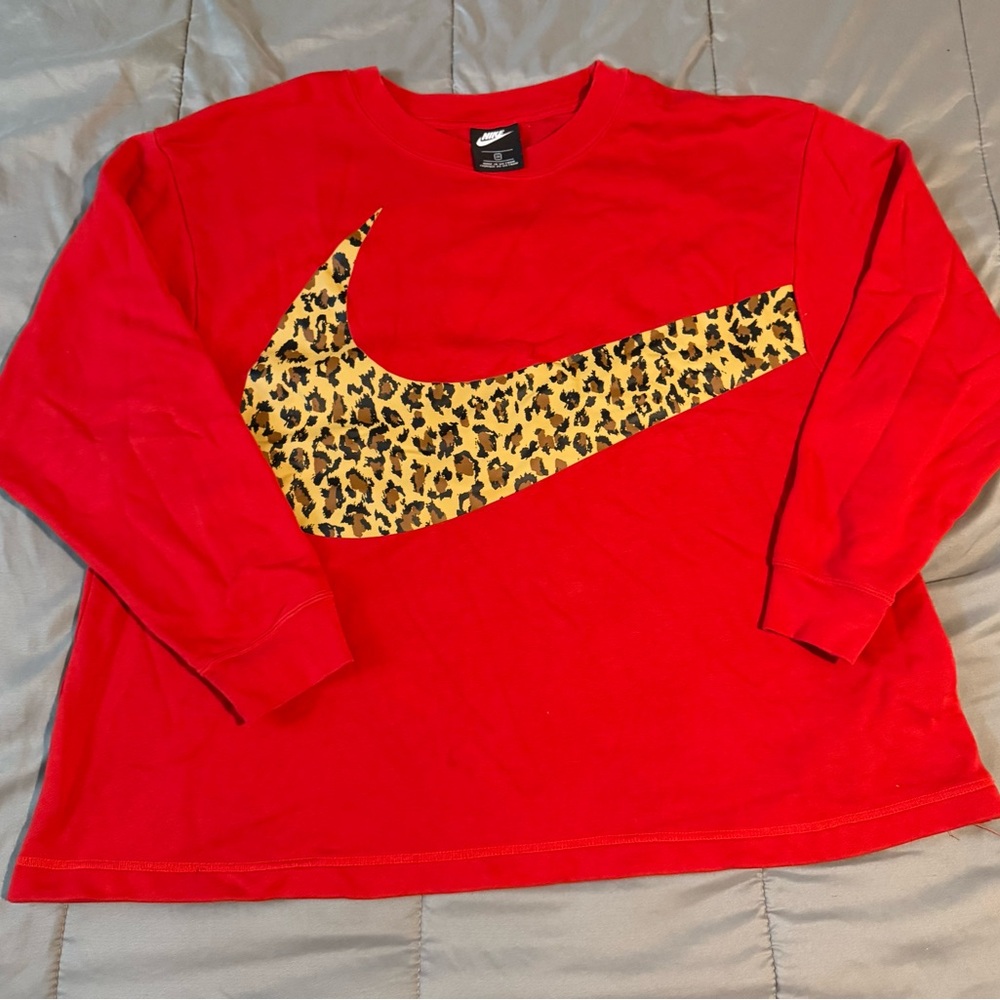 Nike Red Long Sleeve Shirt with Leopard Print Swoosh
